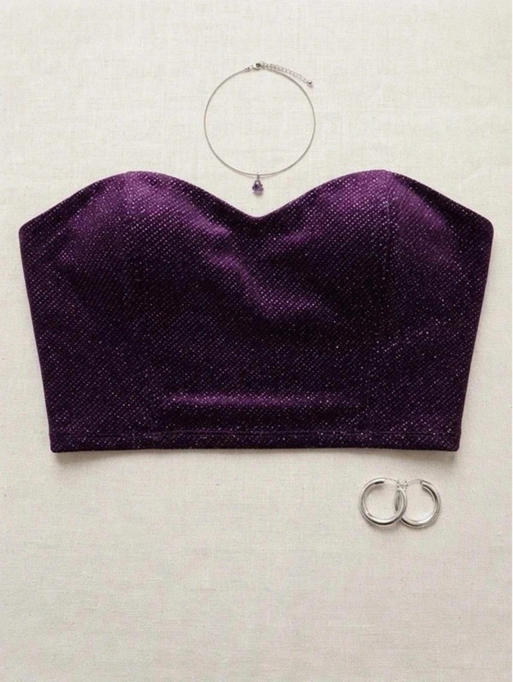Haute Monde Purple Metallic Velvet Bustier Crop Top